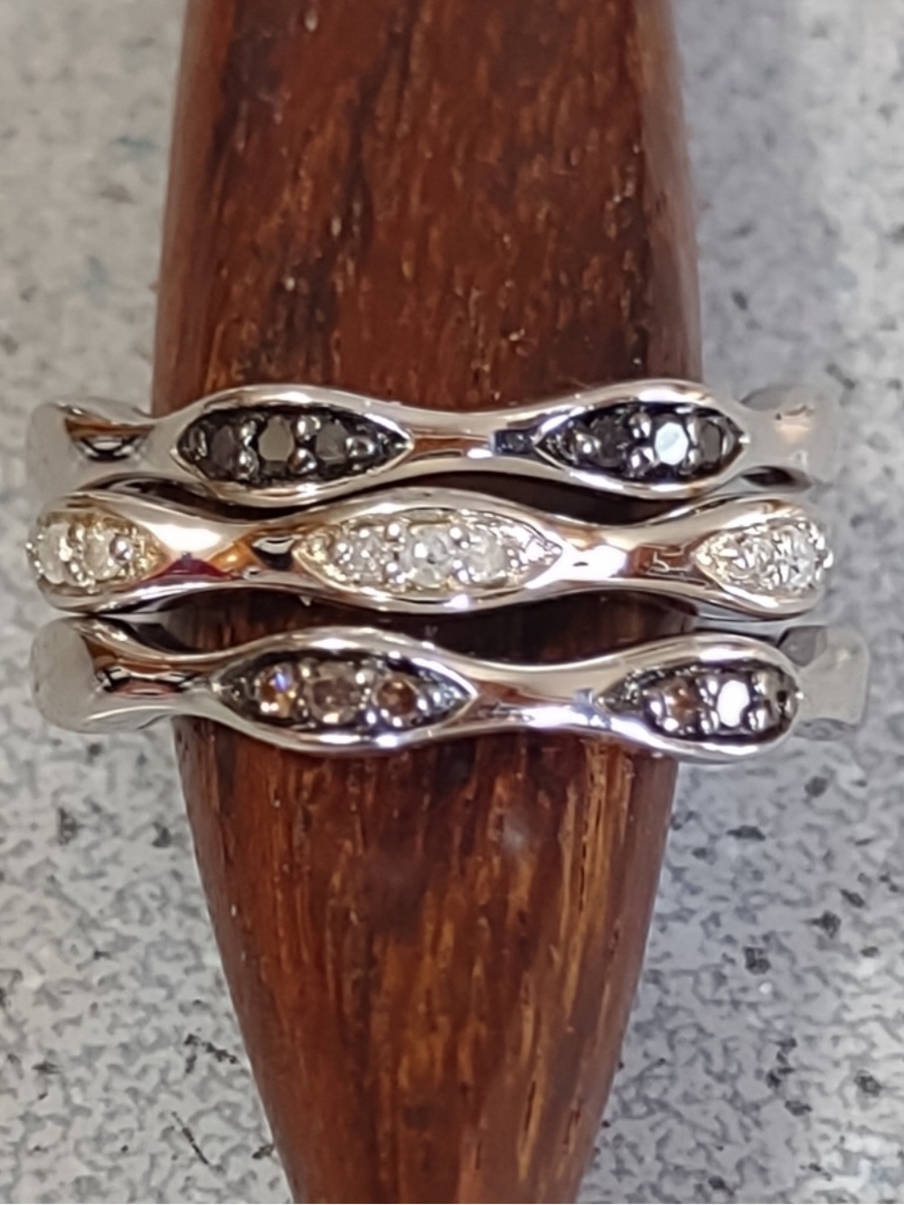 Sterling Silver Stackable Wave Ring Set with Black white & champagne diamonds 8
